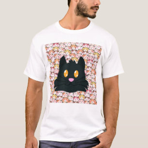 Süße schwarze Katze auf bunter Katzenmuster-Kunst T-Shirt