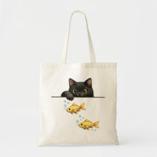 Süße schwarze Katze, die Goldfisch-Kunst beobachte Tragetasche