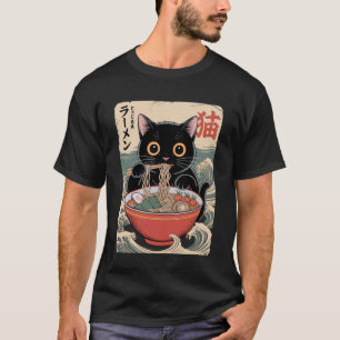 Süße schwarze Katze, die Nudeln in einer japanisch T-Shirt