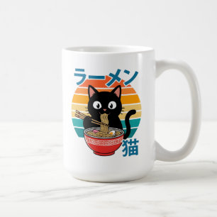 Süße schwarze Katze, die Ramen-Nudeln isst, Retro- Kaffeetasse