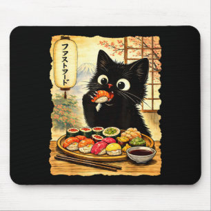 Süße schwarze Katze, die Sushi isst, kawaii japani Mousepad