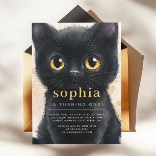 Süße schwarze Katze erste Geburtstagsfeier Einladung