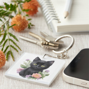 Süße schwarze Katze Floral Whimsical  Schlüsselanhänger