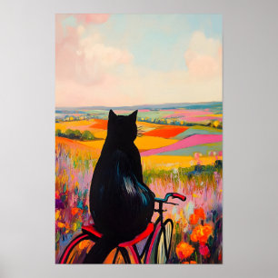 Süße schwarze Katze genießt die Natur mit Fahrrad  Poster