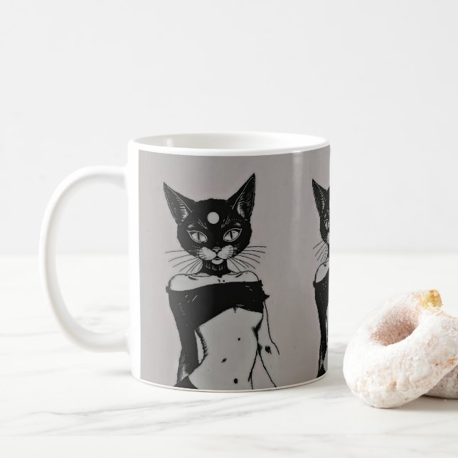 Süße schwarze Katze Goth Ästhetik Anime Kaffeetasse (Mit Donut)