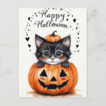 Süße schwarze Katze Halloween-Karte | Frohes Hallo