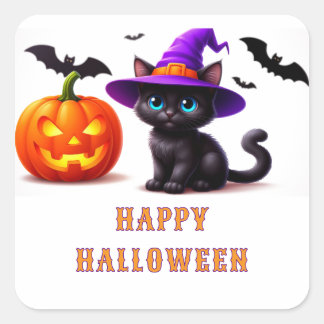 Süße schwarze Katze Halloween-Kürbis-Szene 🐈⬛ Quadratischer Aufkleber
