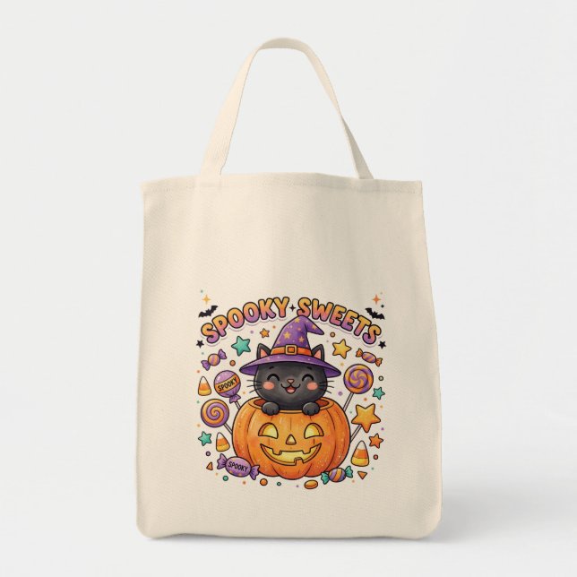 Süße schwarze Katze Halloween-Süßigkeiten- oder Tr Tragetasche (Vorne)