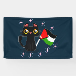 Süße schwarze Katze hält die Palästina-Flagge Banner