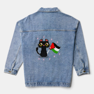 Süße schwarze Katze hält die Palästina-Flagge Jeansjacke