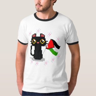 Süße schwarze Katze hält die Palästina-Flagge T-Shirt