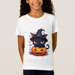 Süße schwarze Katze hält Kürbis Halloween 🎃 T-Shirt