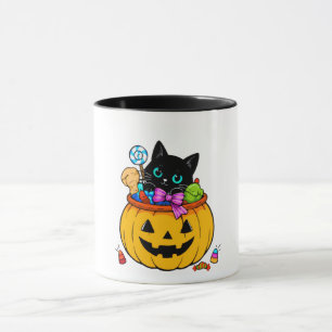 Süße schwarze Katze im Jack-O'-Lantern-Kürbis Hall Tasse