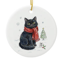 Süße schwarze Katze im roten Schal Weihnachtsbaum