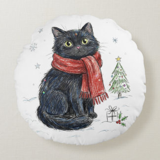 Süße schwarze Katze im roten Schal Weihnachtsbaum Rundes Kissen
