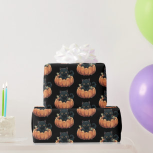 Süße schwarze Katze in einem Kürbismuster Hallowee Geschenkpapier