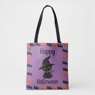 Süße schwarze Katze in Hexenhut Frohes Halloween L