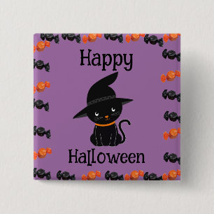 Süße schwarze Katze in Hexenhut Frohes Halloween L Button