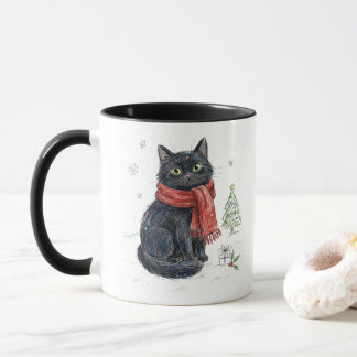 Süße schwarze Katze in rotem Schal Weihnachtsbaum Tasse