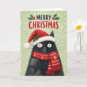 Süße schwarze Katze in Santa-Mütze und -Schal Weih Karte