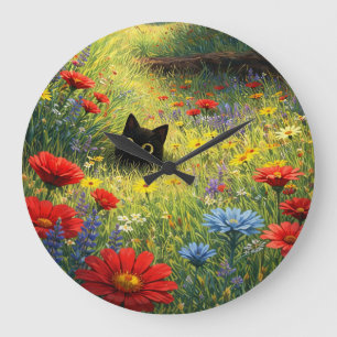 Süße schwarze Katze in Wildblumenwiese Wanduhr