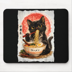 Süße schwarze Katze isst Ramen Kawaii Anime-Katze Mousepad