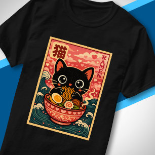Süße schwarze Katze isst Ramen Kawaii Japanische L T-Shirt