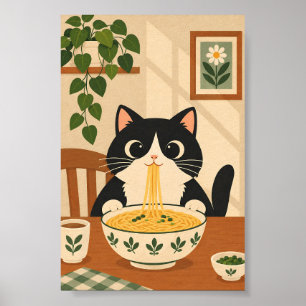 Süße schwarze Katze isst Ramen – Vintage japanisch Poster