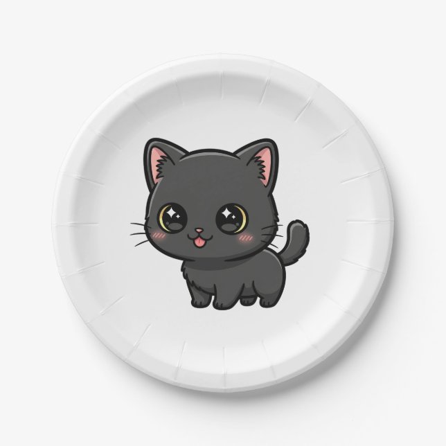 Süße schwarze Katze Kawaii Pappteller (Vorderseite)