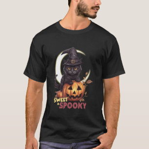 Süße schwarze Katze Kürbis Süße Spuk-Halbmond T-Shirt