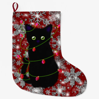 Süße schwarze Katze Meowy Weihnachten funkelnde Sc Großer Weihnachtsstrumpf