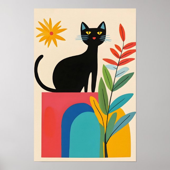 Süße schwarze Katze mit farbenfroher Blume Poster (Vorne)