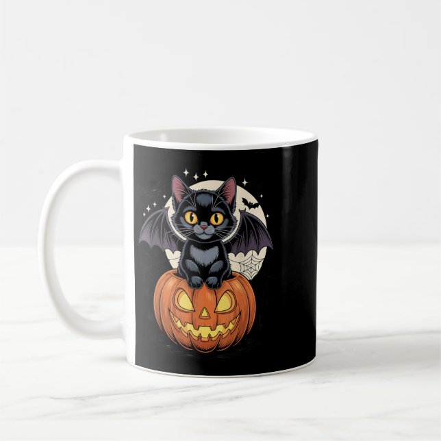 Süße schwarze Katze mit Fledermausflügeln Jack O L Kaffeetasse (Links)