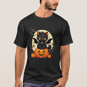 Süße schwarze Katze mit Fledermausflügeln Kürbis F T-Shirt