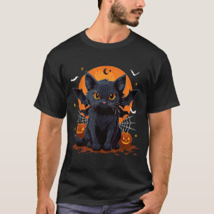 Süße schwarze Katze mit Fledermausflügeln Kürbis F T-Shirt