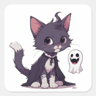 Süße schwarze Katze mit Halloween-Geistercape 👻 Quadratischer Aufkleber