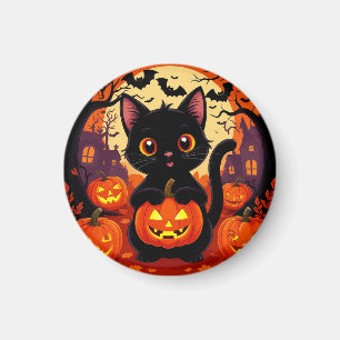 Süße schwarze Katze mit Halloween-Kürbissen Magnet