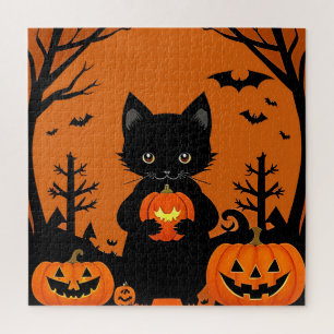 Süße schwarze Katze mit Halloween-Kürbissen Puzzle