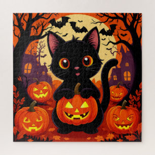 Süße schwarze Katze mit Halloween-Kürbissen Puzzle