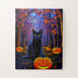 Süße schwarze Katze mit Halloween-Kürbissen Puzzle