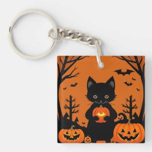 Süße schwarze Katze mit Halloween-Kürbissen Schlüsselanhänger