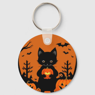 Süße schwarze Katze mit Halloween-Kürbissen Schlüsselanhänger