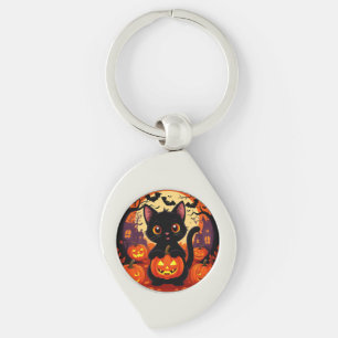 Süße schwarze Katze mit Halloween-Kürbissen Schlüsselanhänger