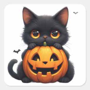 Süße schwarze Katze mit Jack O Lantern-Kürbis Quadratischer Aufkleber
