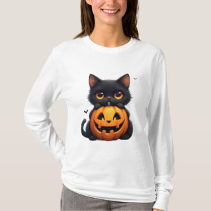 Süße schwarze Katze mit Jack O Lantern-Kürbis T-Shirt