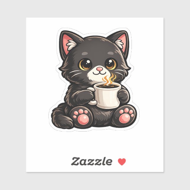 Süße schwarze Katze mit Kaffee Aufkleber (Blatt)