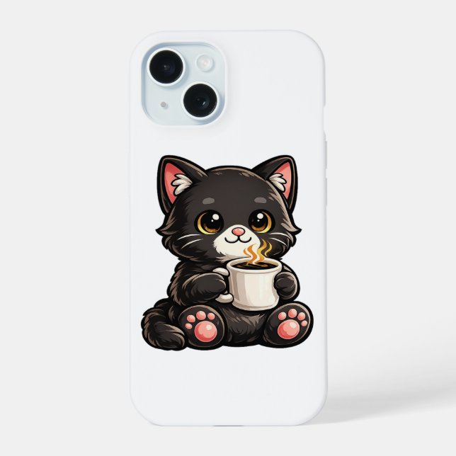 Süße schwarze Katze mit Kaffee iPhone 15 Hülle (Rückseite)
