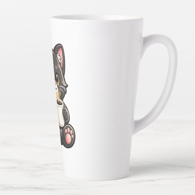 Süße schwarze Katze mit Kaffee Milchtasse (Rechts)