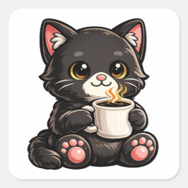 Süße schwarze Katze mit Kaffee Quadratischer Aufkleber