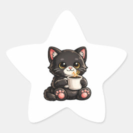 Süße schwarze Katze mit Kaffee Stern-Aufkleber